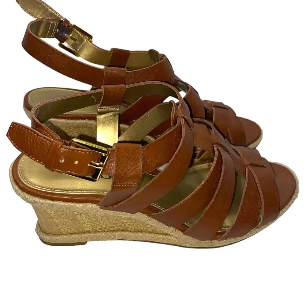 Chaps Dallyn Sz 7.5 Brown Faux Leather Open Toe Ankle Strap Wedge Sandals Shoes